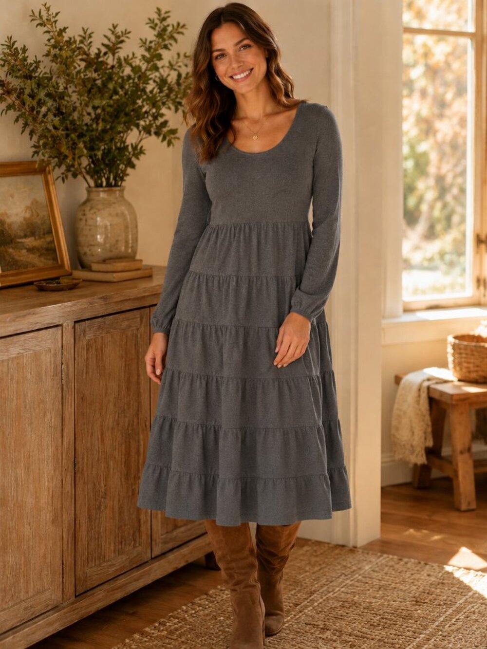 J. Jill Cotton Silk Midi Tiered Scoopneck Midweight Sweater Dress Size S